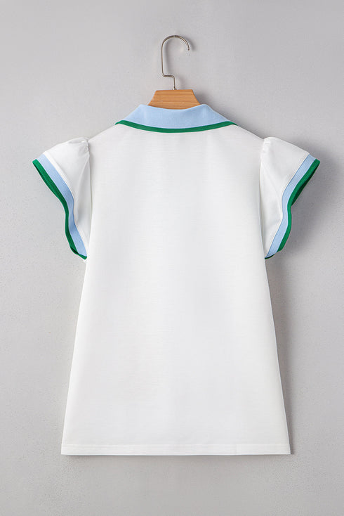 Feminine Charm Collared V Neck Blouse With Playful Ruffled Sleeves And Contrast Detail