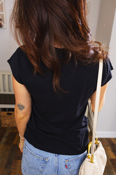 Feminine Cutout Embroidered Trim V Neck Cap Sleeve Tee
