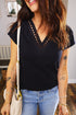 Feminine Cutout Embroidered Trim V Neck Cap Sleeve Tee