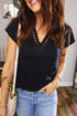 Feminine Cutout Embroidered Trim V Neck Cap Sleeve Tee