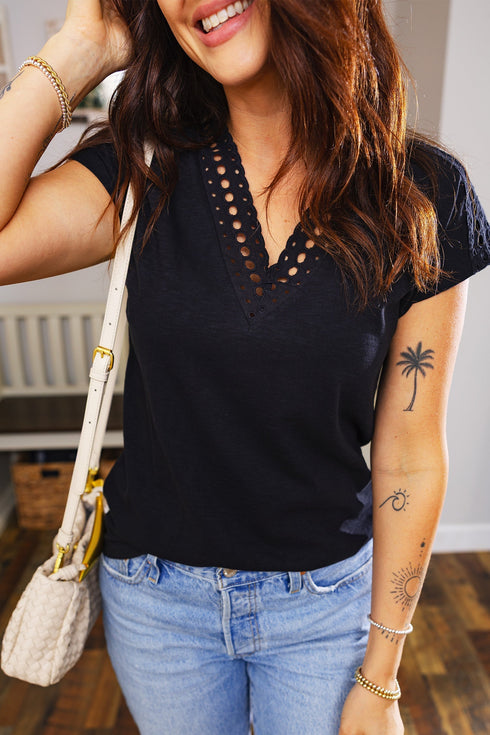 Feminine Cutout Embroidered Trim V Neck Cap Sleeve Tee