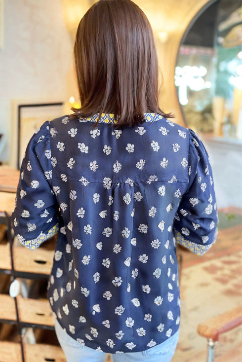 Feminine Floral Pattern Contrast Trim V Neck Woven Blouse