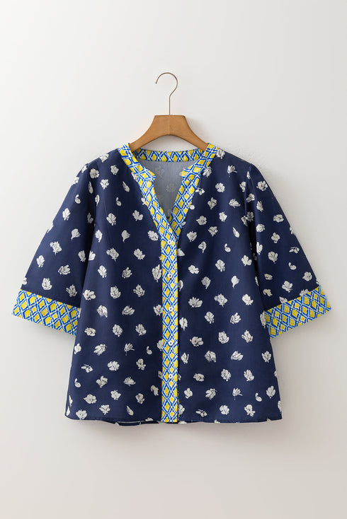Feminine Floral Pattern Contrast Trim V Neck Woven Blouse