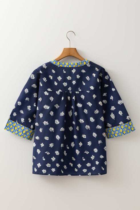 Feminine Floral Pattern Contrast Trim V Neck Woven Blouse
