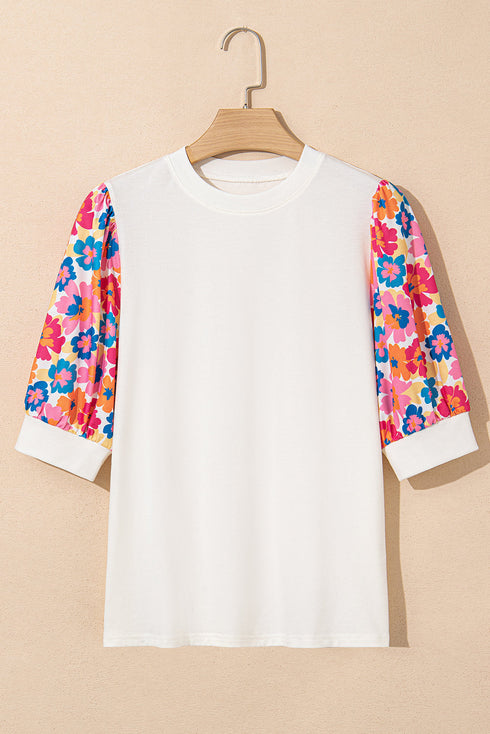 Feminine Floral Print Contrast Puff Sleeve Knit Mock Neck Top
