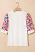 Feminine Floral Print Contrast Puff Sleeve Knit Mock Neck Top