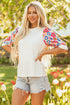 Feminine Floral Print Contrast Puff Sleeve Knit Mock Neck Top