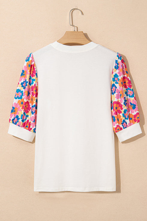 Feminine Floral Print Contrast Puff Sleeve Knit Mock Neck Top