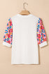 Feminine Floral Print Contrast Puff Sleeve Knit Mock Neck Top