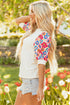 Feminine Floral Print Contrast Puff Sleeve Knit Mock Neck Top