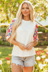 Feminine Floral Print Contrast Puff Sleeve Knit Mock Neck Top