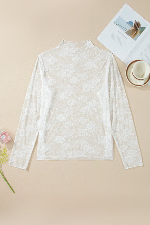 Feminine Floral Print Lace Mesh Long Sleeve Top