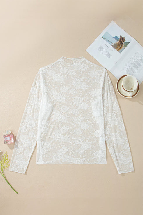Feminine Floral Print Lace Mesh Long Sleeve Top