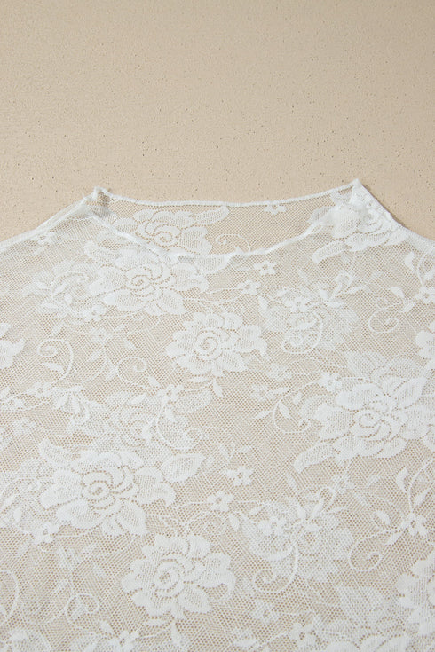 Feminine Floral Print Lace Mesh Long Sleeve Top