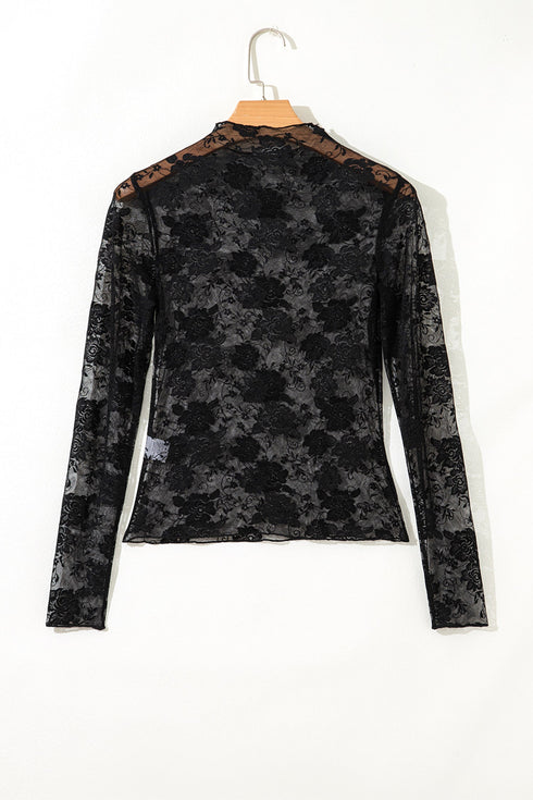 Feminine Floral Print Lace Mesh Long Sleeve Top