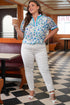 Feminine Floral Print Puff Sleeve Split Neck Blouse