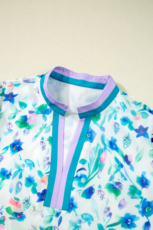 Feminine Floral Print Puff Sleeve Split Neck Blouse