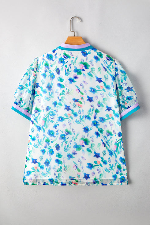 Feminine Floral Print Puff Sleeve Split Neck Blouse