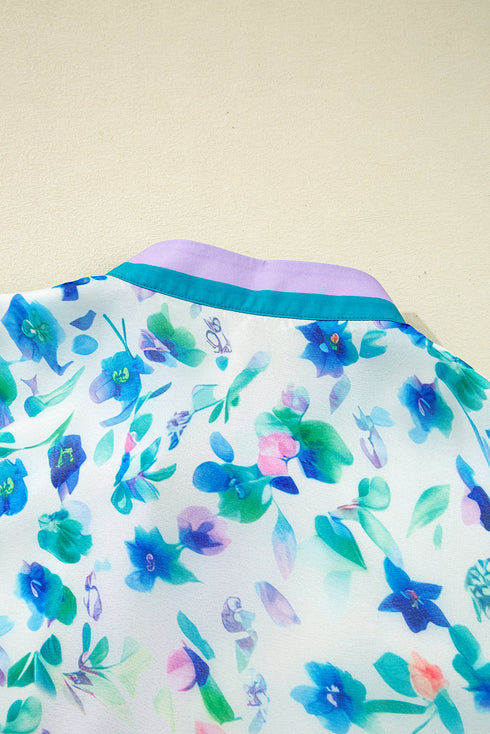Feminine Floral Print Puff Sleeve Split Neck Blouse