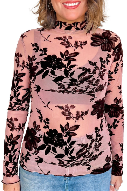 Feminine Floral Print Sheer Mesh Long Sleeve Blouse