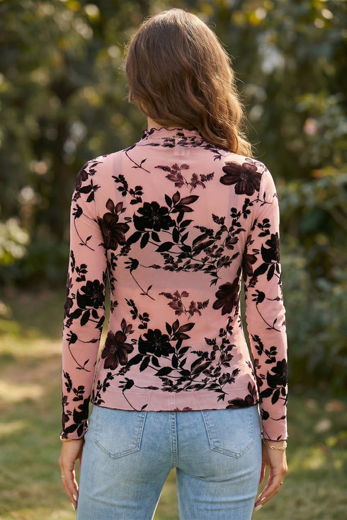 Feminine Floral Print Sheer Mesh Long Sleeve Blouse