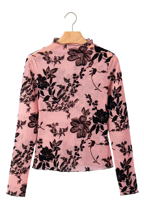 Feminine Floral Print Sheer Mesh Long Sleeve Blouse