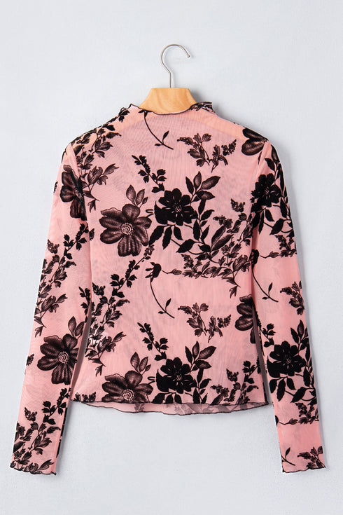 Feminine Floral Print Sheer Mesh Long Sleeve Blouse