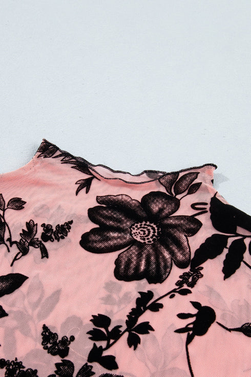 Feminine Floral Print Sheer Mesh Long Sleeve Blouse