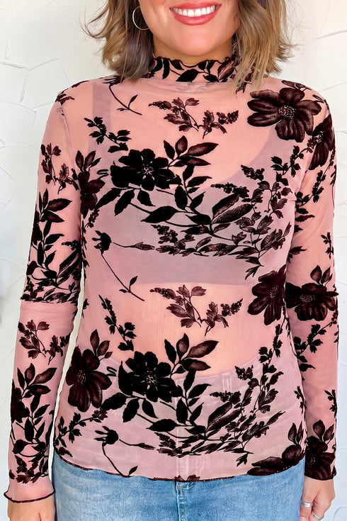 Feminine Floral Print Sheer Mesh Long Sleeve Blouse