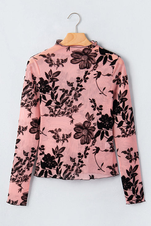 Feminine Floral Print Sheer Mesh Long Sleeve Blouse