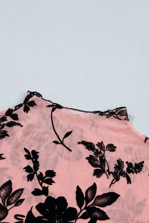 Feminine Floral Print Sheer Mesh Long Sleeve Blouse