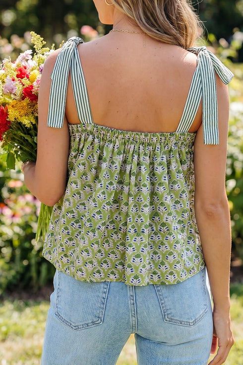 Feminine Floral Striped Knot Strap Babydoll Tank Top
