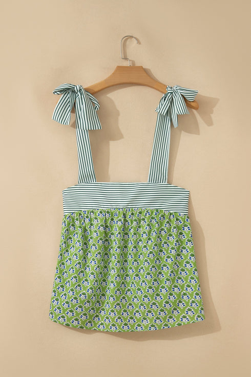 Feminine Floral Striped Knot Strap Babydoll Tank Top