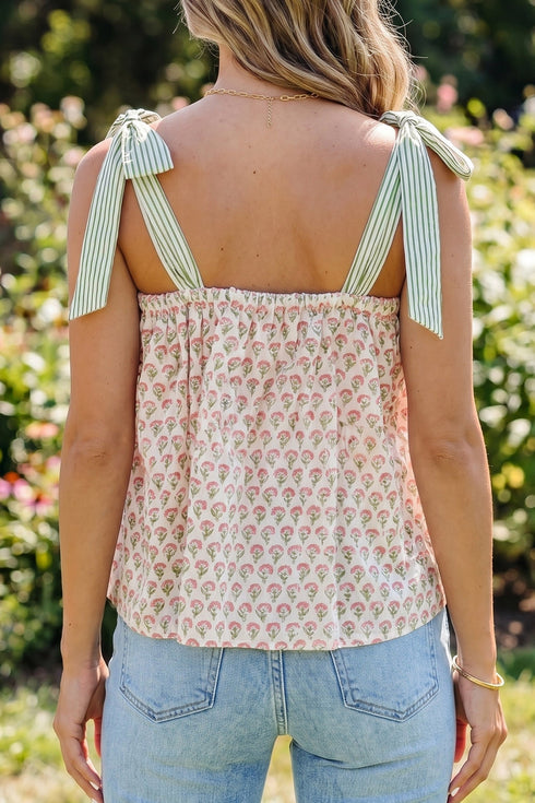 Feminine Floral Striped Knot Strap Babydoll Tank Top