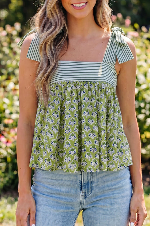 Feminine Floral Striped Knot Strap Babydoll Tank Top