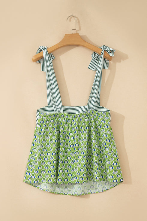 Feminine Floral Striped Knot Strap Babydoll Tank Top
