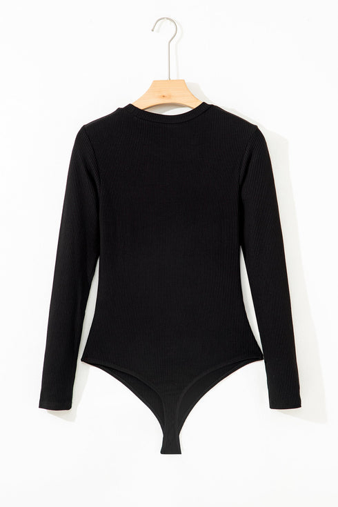 Feminine Ribbed Knit Crew Neck Long Sleeve Bodysuit