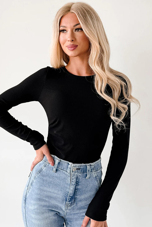 Feminine Ribbed Knit Crew Neck Long Sleeve Bodysuit