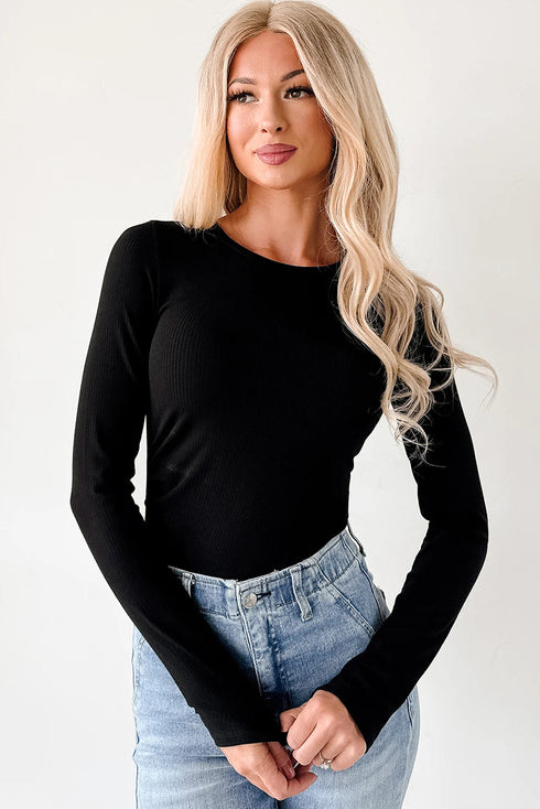 Feminine Ribbed Knit Crew Neck Long Sleeve Bodysuit