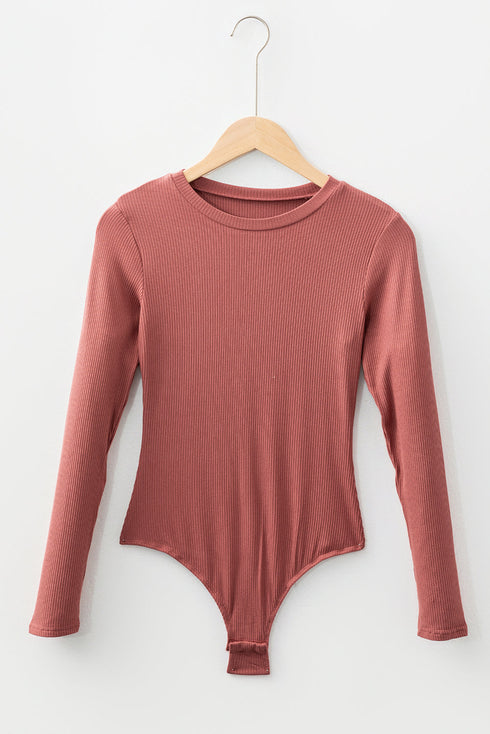 Feminine Ribbed Knit Crew Neck Long Sleeve Bodysuit