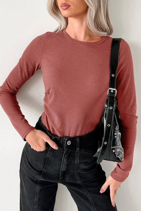 Feminine Ribbed Knit Crew Neck Long Sleeve Bodysuit