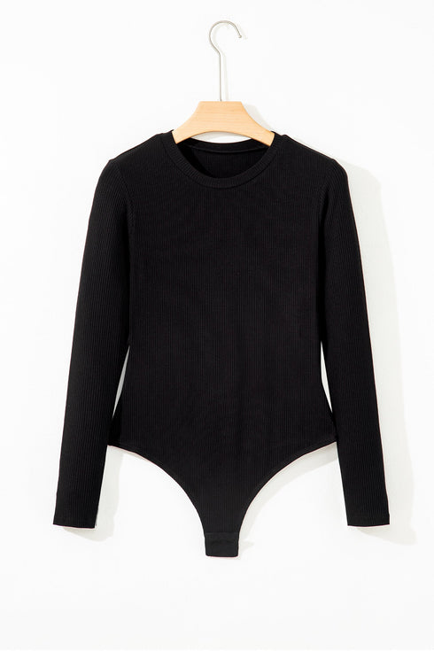 Feminine Ribbed Knit Crew Neck Long Sleeve Bodysuit