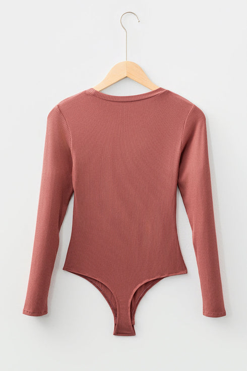Feminine Ribbed Knit Crew Neck Long Sleeve Bodysuit