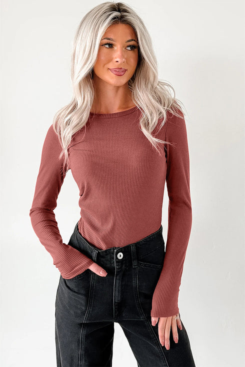 Feminine Ribbed Knit Crew Neck Long Sleeve Bodysuit