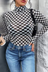 Feminine Sheer Checkered Print High Neck Long Sleeve Bodysuit