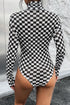 Feminine Sheer Checkered Print High Neck Long Sleeve Bodysuit