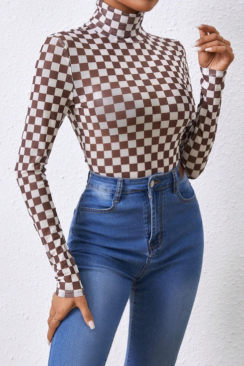 Feminine Sheer Checkered Print High Neck Long Sleeve Bodysuit