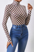 Feminine Sheer Checkered Print High Neck Long Sleeve Bodysuit