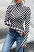 Feminine Sheer Checkered Print High Neck Long Sleeve Bodysuit