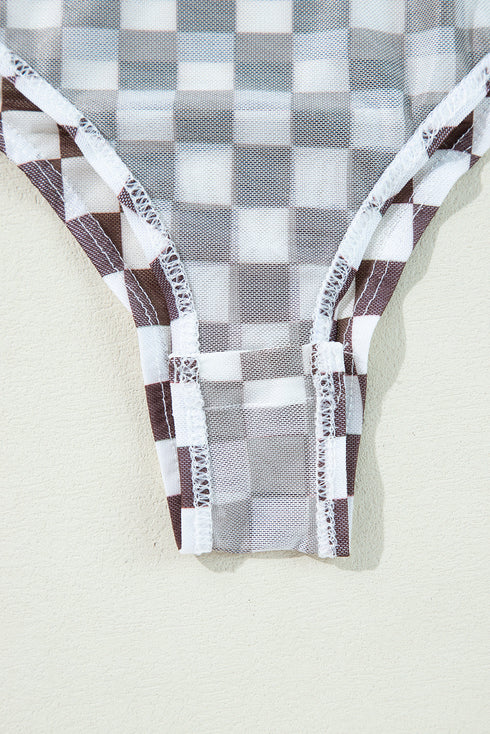 Feminine Sheer Checkered Print High Neck Long Sleeve Bodysuit